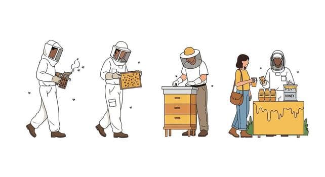 Illustration of beekeepers harvesting and producing honey